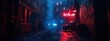 © BerkahStock - A moody urban alley illuminated by neon lights, creating a mysterious atmosphere.