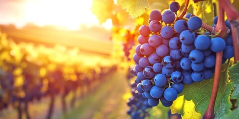 A close-up of ripe grapes hanging in a vineyard. The golden sunlight enhances the vibrant colors of the grapes and surrounding vines. Perfect for agricultural themes or wine production. AI