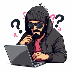 hacker operating a laptop cartoon vector icon illustration