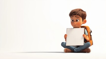 Wall Mural - A young boy sits on the floor, holding a blank piece of paper, looking contemplative.