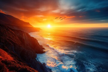 Wall Mural - A stunning sunset over a coastal landscape, with waves crashing against rocky cliffs.