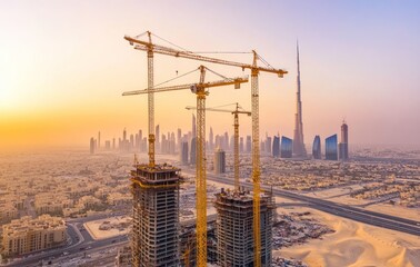 Wall Mural - Aerial view of construction cranes in a city skyline at sunset.