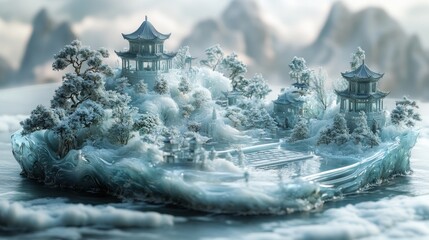 Wall Mural - Ethereal icy landscape with pagodas and serene nature elements.