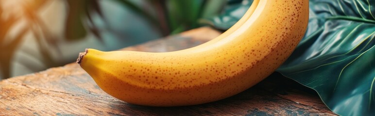 Wall Mural - A ripe banana resting on a wooden surface with green leaves in the background.