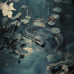 Snake Swimming Pond Lilypads Green Water Blue Swim Animal Wildlife 