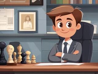 Canvas Print - illustration Businessman wearing a suit setting with a desk cartoon