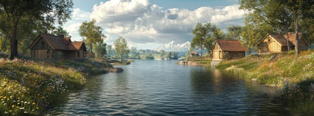 Wall Mural - A serene lakeside scene with wooden houses and lush greenery under a cloudy sky.