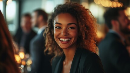 A group of smiling people in business attire engaged in lively conversation at an office party