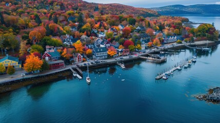 Poster - Aerial View of a Picturesque Harbor Town in Autumn