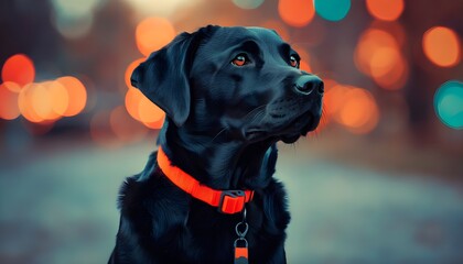 Curious black Labrador Retriever with an orange collar gazes up at colorful city lights at night