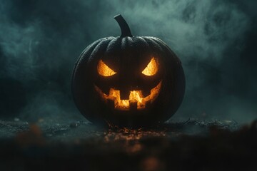 Halloween pumpkin head jack in darkness night with fog - generative ai