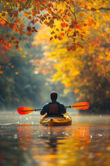 Poster - A person kayaking in water with colorful Autumn foliage woods