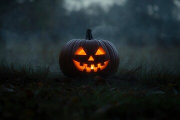 Halloween pumpkin head jack in darkness night with fog - generative ai