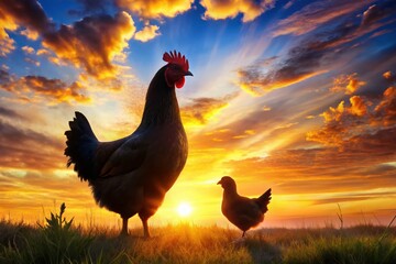 Elegant Hen Chicken Silhouette Against a Vibrant Sunset Sky for Nature and Farm Illustrations