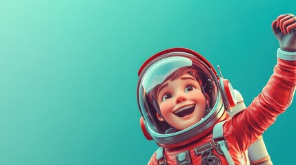 Wall Mural - a cheerful child in an astronaut suit, celebrating in space with a joyful expression.