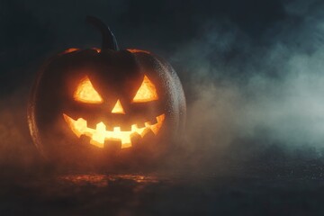 Wall Mural - Halloween pumpkin head jack in darkness night with fog - generative ai