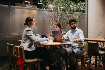 Wall Mural - Team of businesspeople working late at night in a cozy coffee bar, collaborating to meet project deadlines. Casual yet productive atmosphere.