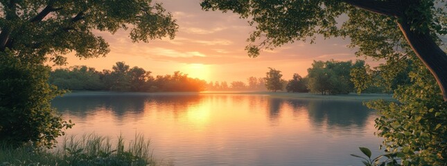 Poster - A serene sunset over a tranquil lake, framed by lush trees and soft reflections.