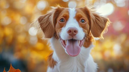 A cheerful dog with a playful expression in a colorful autumn setting.