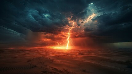 A lightning storm over a sprawling desert, with bolts of lightning striking the barren landscape and casting dramatic shadows on the sand dunes. The dark storm clouds and intense flashes of light