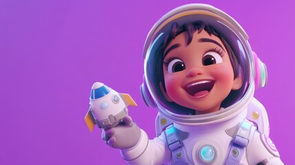 Wall Mural - A cheerful child in a spacesuit holding a toy rocket, symbolizing exploration and imagination.