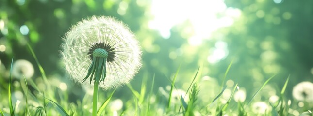 Wall Mural - A close-up of a dandelion puff surrounded by green grass in a sunlit environment.