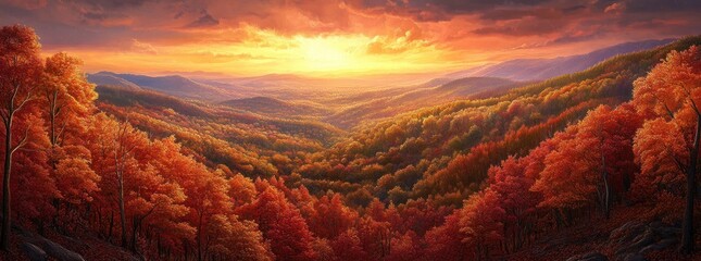 Canvas Print - A vibrant sunset over a valley filled with autumn foliage.