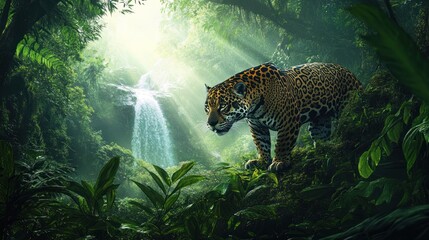 Poster - A jaguar in a lush jungle setting with a waterfall, showcasing nature's beauty.