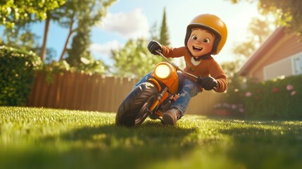 Canvas Print - A joyful child riding a small motorcycle on a sunny day in a backyard.