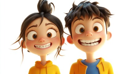 Sticker - Two animated characters smiling joyfully, showcasing friendship and happiness.