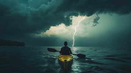 Wall Mural - A person kayaking in sea water with lightning strick