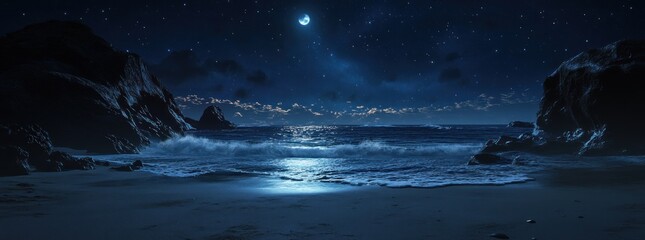 Poster - A serene night scene of a moonlit beach with stars and gentle waves.