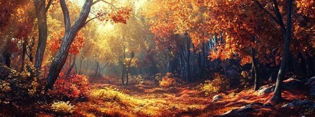 Poster - A serene autumn forest with vibrant foliage and soft sunlight filtering through the trees.