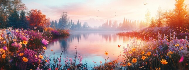 Sticker - A serene landscape featuring a calm lake surrounded by vibrant flowers and trees at sunset.