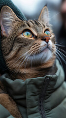 Canvas Print - A tabby cat with green eyes looks up, nestled in a green jacket.