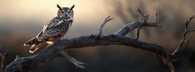 Wall Mural - A majestic owl perched on a branch against a blurred natural background.