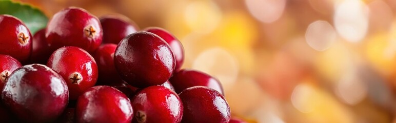 A close-up of fresh, shiny cranberries with a blurred background.