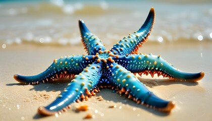 Wall Mural - Vibrant starfish elegantly resting on sandy seabed, showcasing distinctive arms radiating in beautiful ocean hues