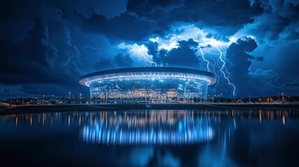 A thunderstorm over a modern sports arena, with lightning bolts striking the structure and creating dramatic reflections in the surrounding area. The dark storm clouds and intense flashes of light