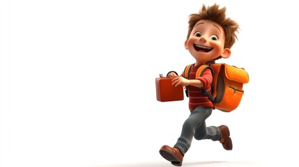 Poster - A cheerful cartoon boy running with a backpack and lunchbox, embodying excitement and adventure.