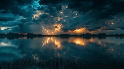 A thunderstorm over a serene lake, with lightning bolts reflecting off the water's surface and creating dramatic patterns of light. The dark storm clouds and bright flashes of light contrast with the