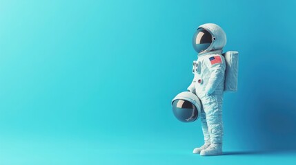 Wall Mural - an astronaut stands against a blue background, holding a helmet, symbolizing space exploration.