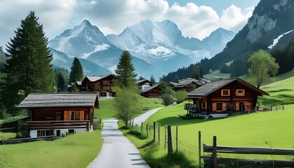 Wall Mural - Charming village of wooden cottages nestled in captivating alpine scenery, harmonizing with the natural beauty of the serene countryside