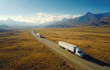 Poster - Trucks traveling along a winding road through a mountainous landscape.