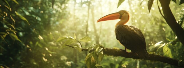 Poster - A vibrant bird perched on a branch in a sunlit forest, showcasing nature's beauty.