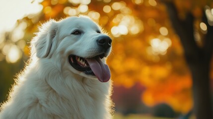 Canvas Print - A close-up of a white dog against a backdrop of autumn foliage.