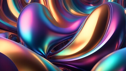 Abstract background with iridescent, metallic, liquid-like shapes in blue, purple, and gold.