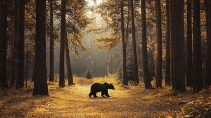 Canvas Print - A bear walks through a sunlit forest path surrounded by tall trees in autumn hues.