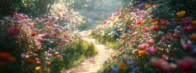 Poster - A serene pathway through a vibrant flower garden, illuminated by soft sunlight.