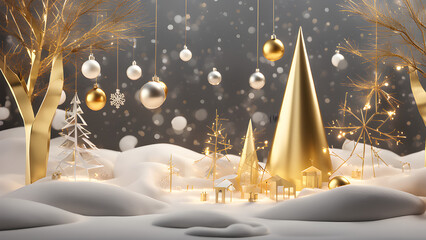 3D rendering of a modern Christmas scene with a sleek, minimalist design.
